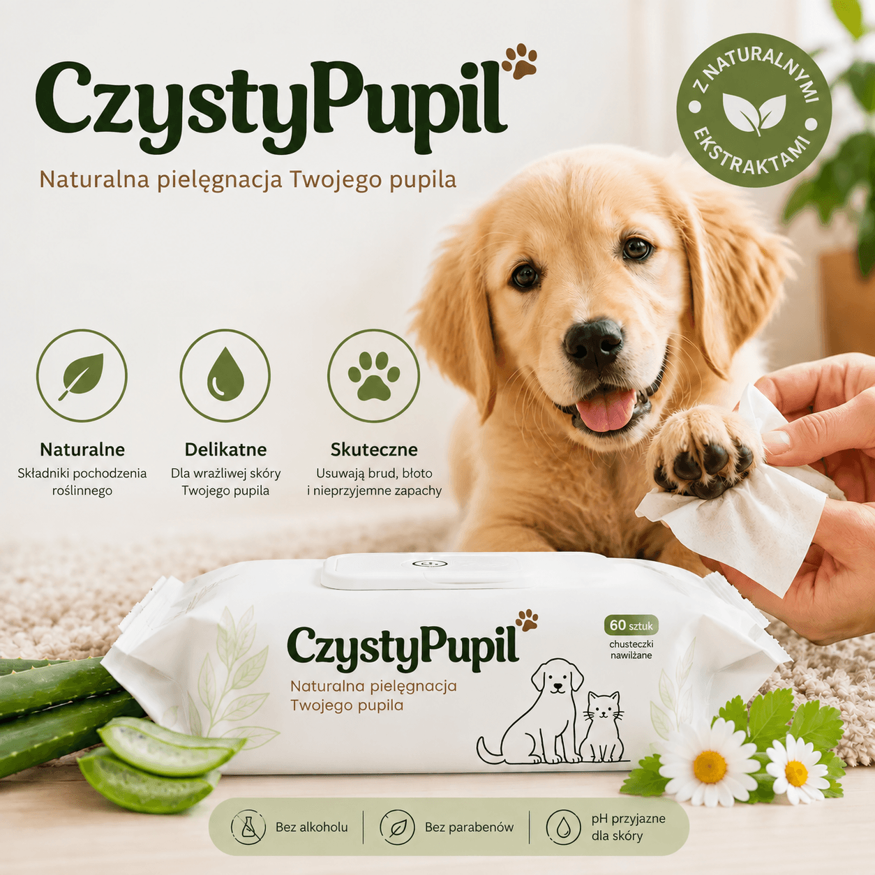 CzystyPupil - naturalne chusteczki SPA do czyszczenia łap i sierści